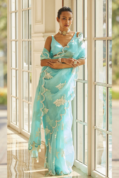 V Vani Vats Blue Flower Saree Set indian designer wear online shopping melange singapore