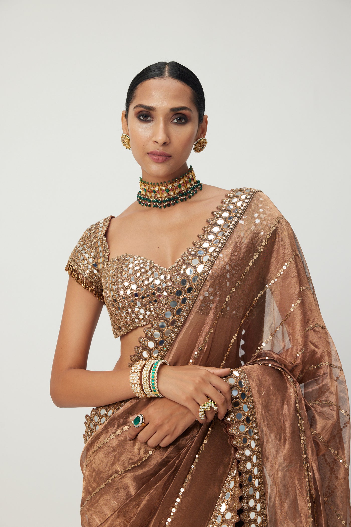 V Vani Vats Copper Shimmer Organza Saree Set indian designer wear online shopping melange singapore