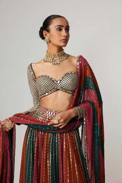 V Vani Vats Cranberry Lehenga Pants With Sweetheart Neck Full Sleeve Blouse indian designer wear online shopping melange singapore 