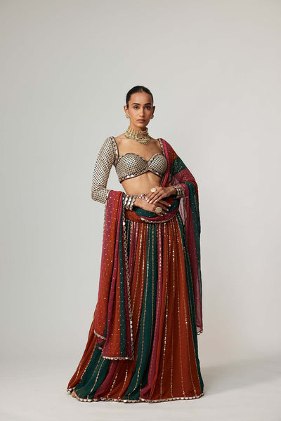 V Vani Vats Cranberry Lehenga Pants With Sweetheart Neck Full Sleeve Blouse indian designer wear online shopping melange singapore 