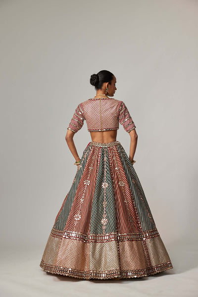 V Vani Vats Cranberry Multicolor Linear Flower Lehenga Set With Double Dupatta indian designer wear online shopping melange singapore 