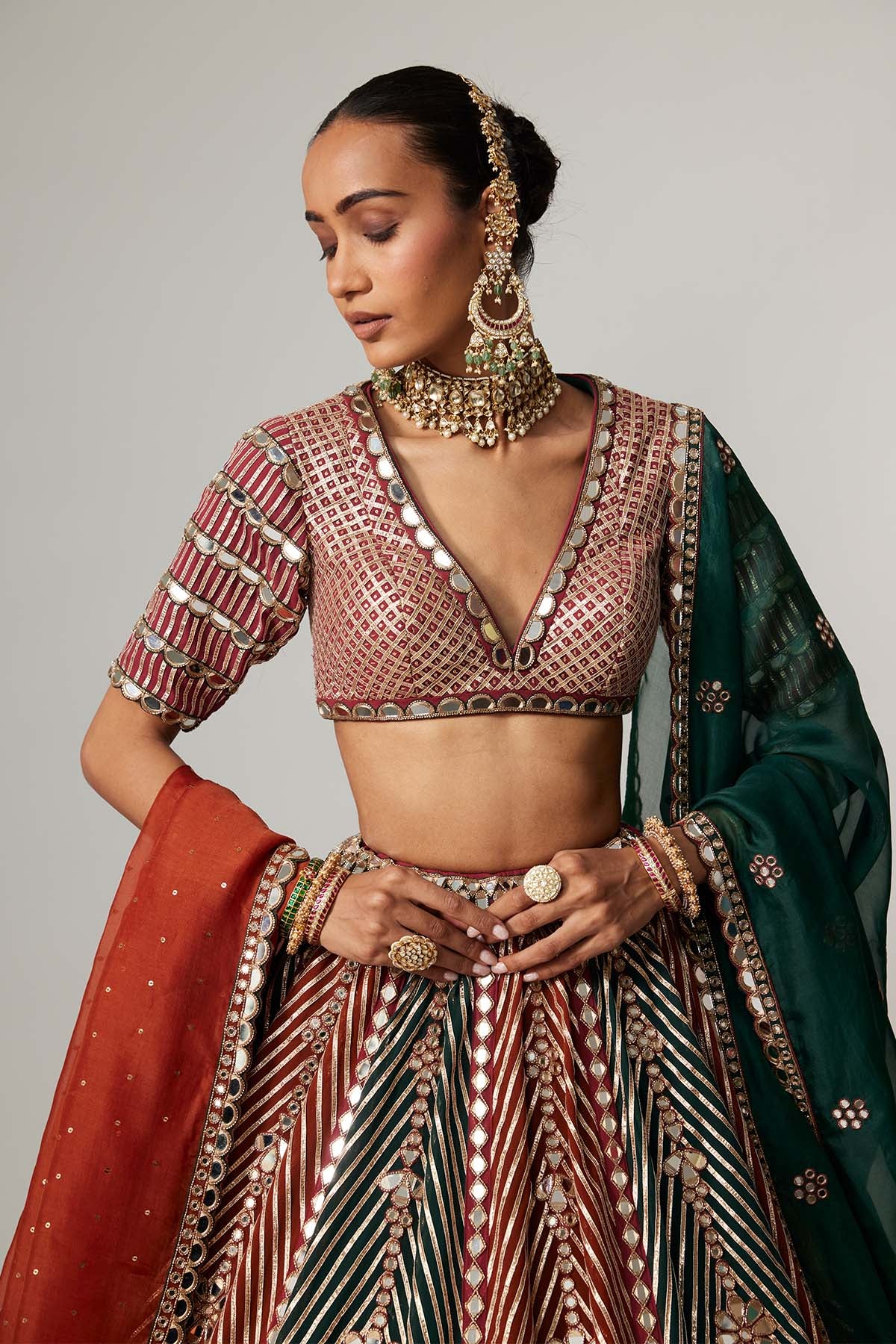 V Vani Vats Cranberry Multicolor Linear Flower Lehenga Set With Double Dupatta indian designer wear online shopping melange singapore 