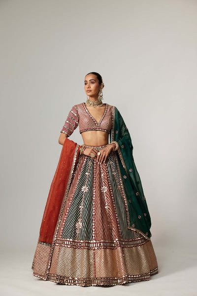 V Vani Vats Cranberry Multicolor Linear Flower Lehenga Set With Double Dupatta indian designer wear online shopping melange singapore 