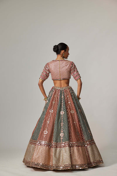 V Vani Vats Cranberry Multicolor Linear Flower Lehenga Set With Jade Green Dupatta indian designer wear online shopping melange singapore 
