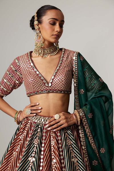 V Vani Vats Cranberry Multicolor Linear Flower Lehenga Set With Jade Green Dupatta indian designer wear online shopping melange singapore 