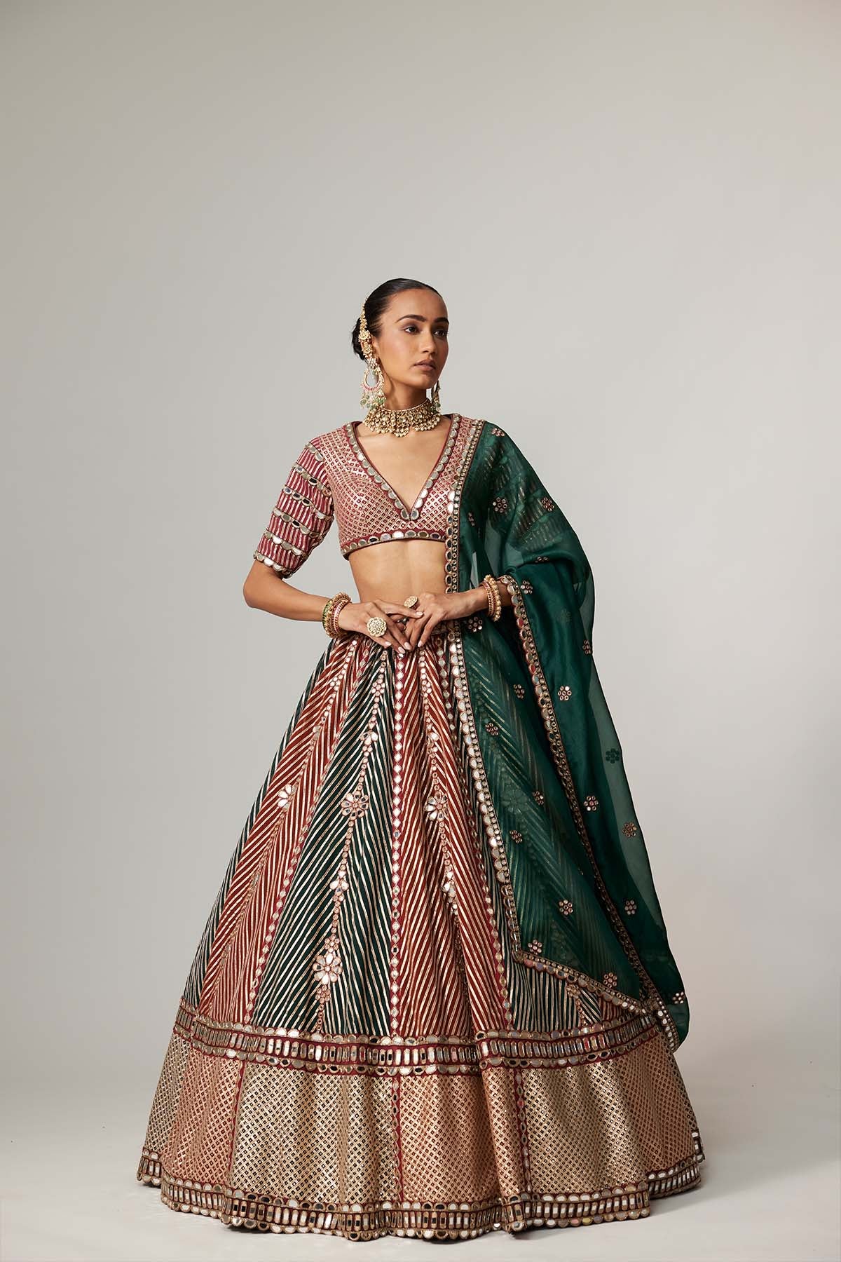 V Vani Vats Cranberry Multicolor Linear Flower Lehenga Set With Jade Green Dupatta indian designer wear online shopping melange singapore 