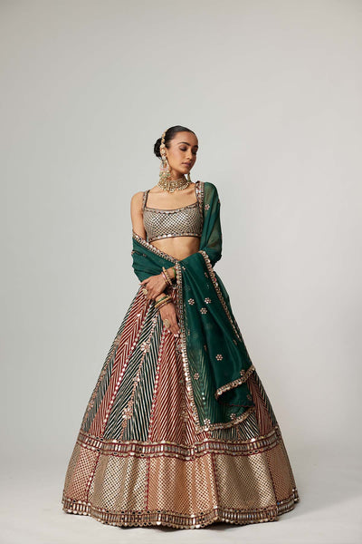 V Vani Vats Cranberry Multicolor Linear Flower Lehenga Set With Square Neck Blouse indian designer wear online shopping melange singapore