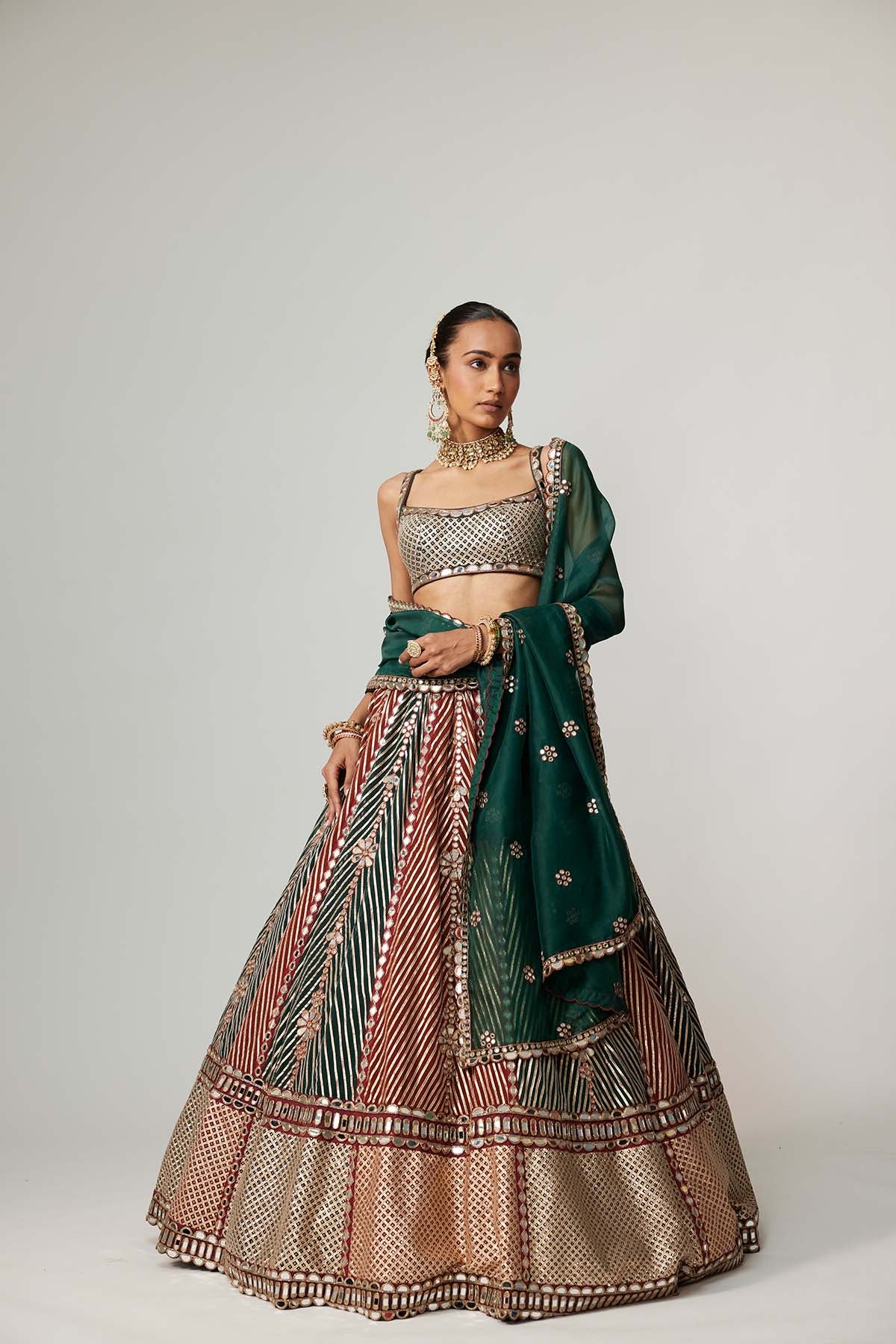 V Vani Vats Cranberry Multicolor Linear Flower Lehenga Set With Square Neck Blouse indian designer wear online shopping melange singapore