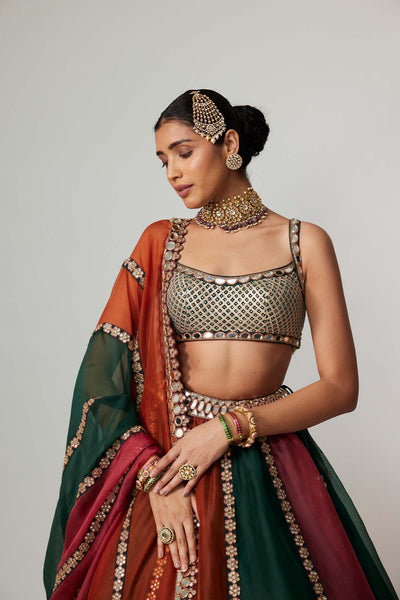 V Vani Vats Cranberry Multicolor Linear Lehenga With Square Neck Blouse indian designer wear online shopping melange singapore 
