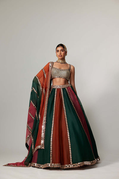 V Vani Vats Cranberry Multicolor Linear Lehenga With Square Neck Blouse indian designer wear online shopping melange singapore 
