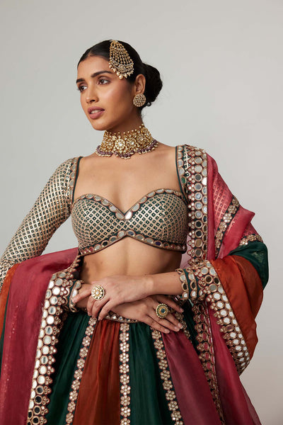 V Vani Vats Cranberry Multicolor Linear Lehenga With Sweetheart Full Sleeve Blouse indian designer wear online shopping melange singapore 
