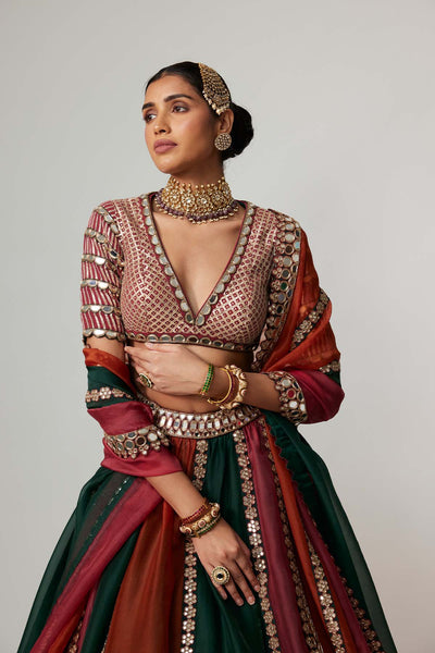 V Vani Vats Cranberry Multicolor Linear Lehenga With V Neck Blouse indian designer wear online shopping melange singapore 