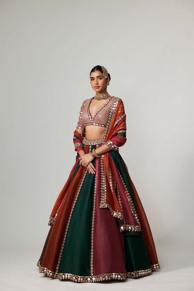 V Vani Vats Cranberry Multicolor Linear Lehenga With V Neck Blouse indian designer wear online shopping melange singapore 