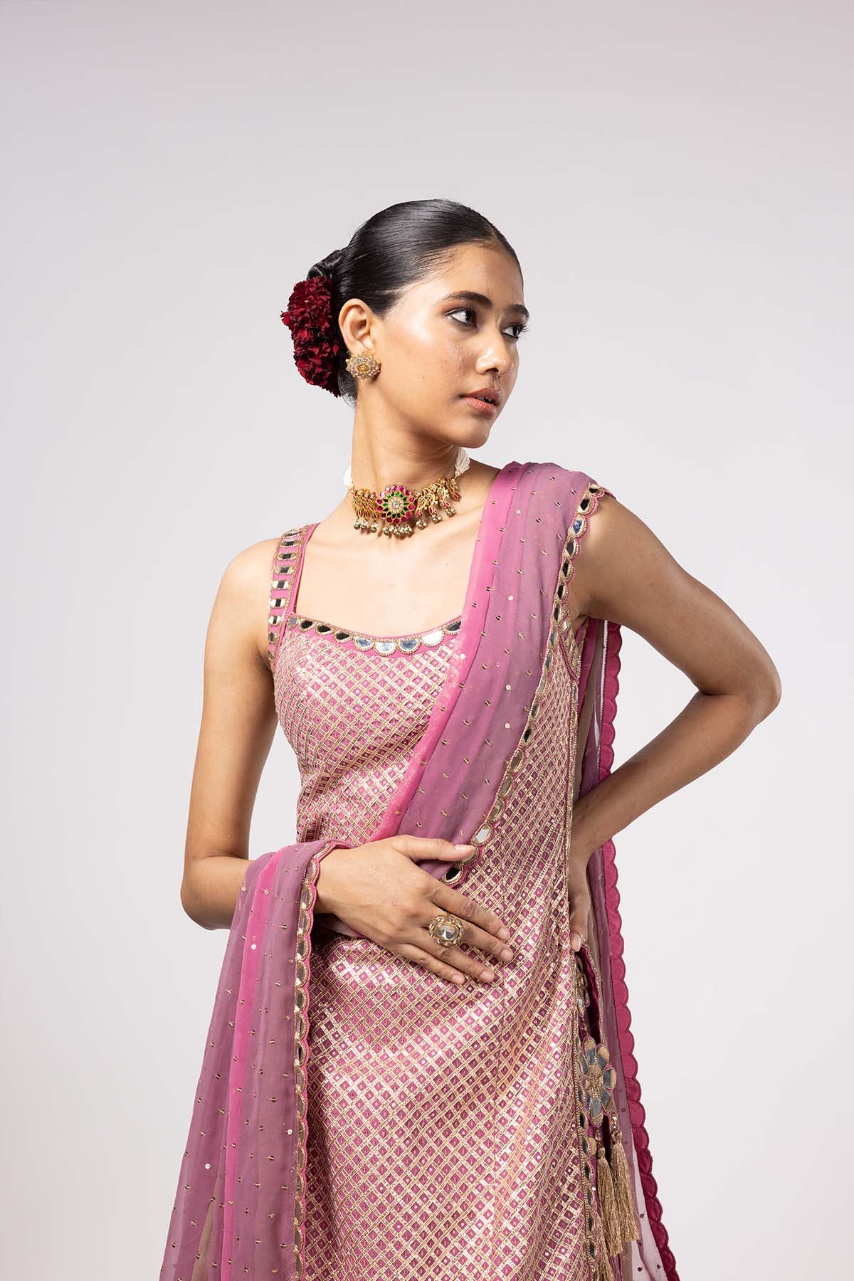 V Vani Vats Dark Blush Kurta Lehenga Pants Set indian designer wear online shopping melange singapore 