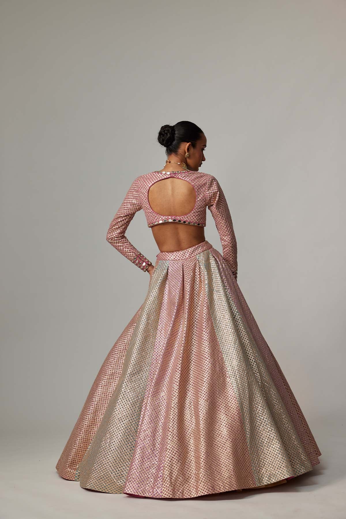 V Vani Vats Dark Blush Multicolor Metallic Gota Crop Top Skirt With Dark Blush Dupatta indian designer wear online shopping melange singapore 