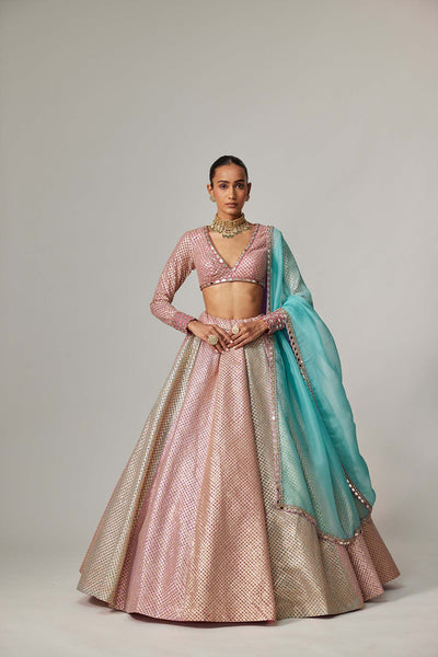 V Vani Vats Dark Blush Multicolor Metallic Gota Crop Top Skirt With Aqua Dupatta indian designer wear online shopping melange singapore 
