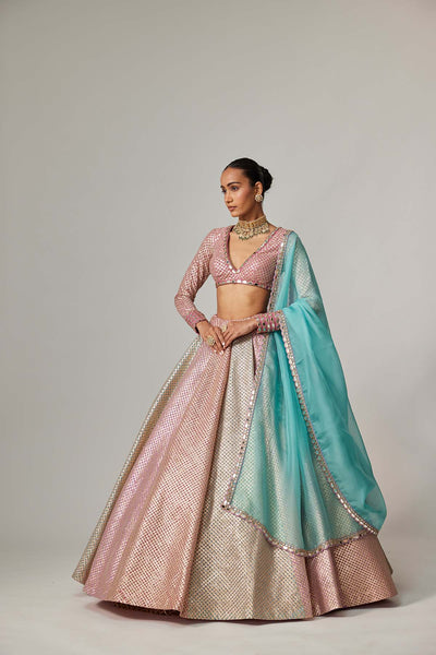V Vani Vats Dark Blush Multicolor Metallic Gota Crop Top Skirt With Aqua Dupatta indian designer wear online shopping melange singapore 
