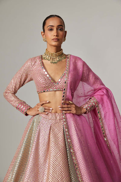 V Vani Vats Dark Blush Multicolor Metallic Gota Crop Top Skirt With Dark Blush Dupatta indian designer wear online shopping melange singapore 