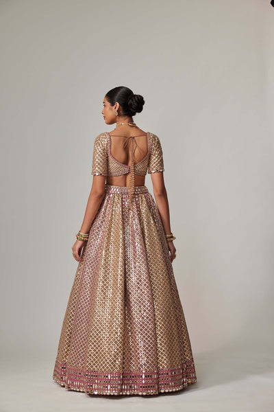 V Vani Vats Deep Beige Multicolor Metallic Lehenga With Elbow Blouse indian designer wear online shopping melange singapore 
