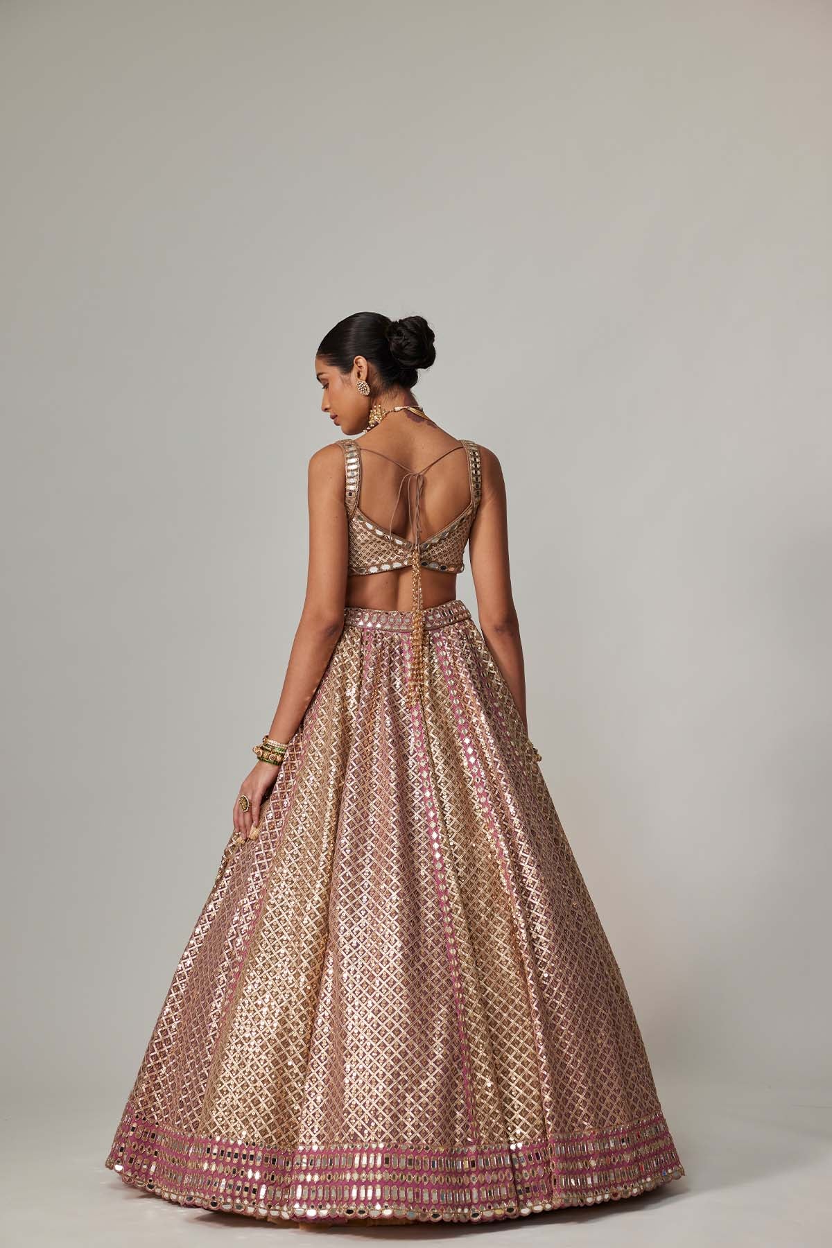 V Vani Vats Deep Beige Multicolor Metallic Lehenga With Square Neck Blouse indian designer wear online shopping melange singapore 