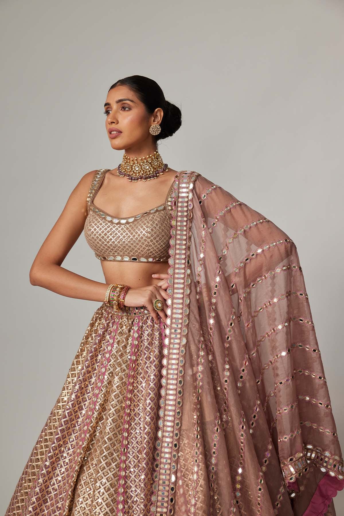 V Vani Vats Deep Beige Multicolor Metallic Lehenga With Square Neck Blouse indian designer wear online shopping melange singapore 