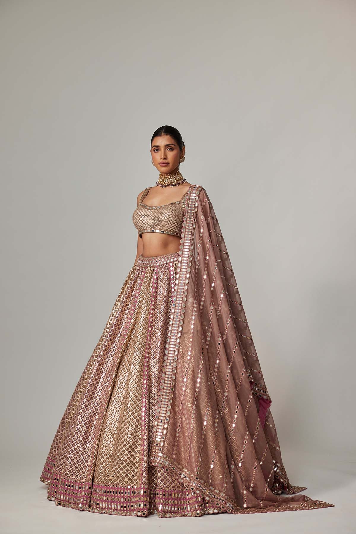 V Vani Vats Deep Beige Multicolor Metallic Lehenga With Square Neck Blouse indian designer wear online shopping melange singapore 