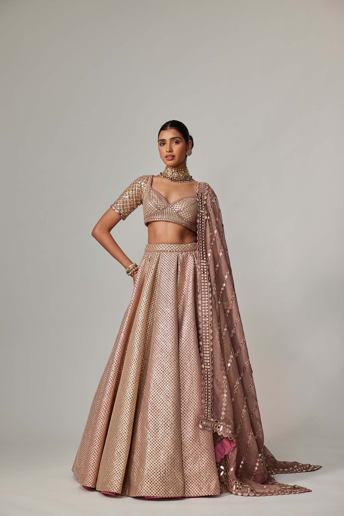 V Vani Vats Deep Beige Multicolor Mettalic Lehenga Set indian designer wear online shopping melange singapore 