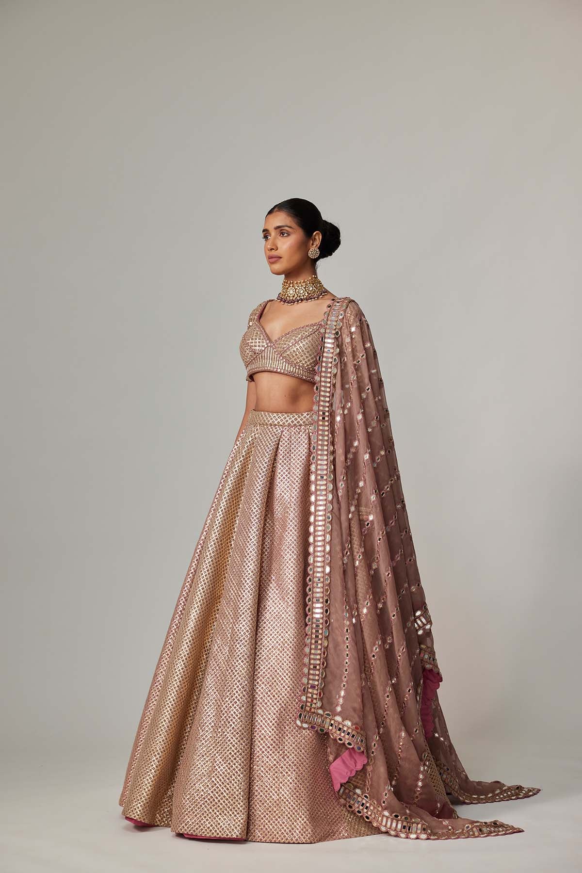 V Vani Vats Deep Beige Multicolor Mettalic Lehenga Set indian designer wear online shopping melange singapore 