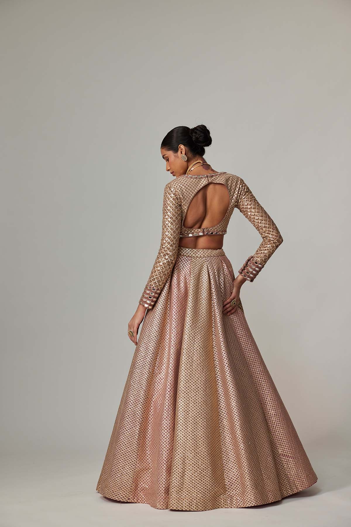 V Vani Vats Deep Beige Multicolor V Neck Crop Top With Skirt indian designer wear online shopping melange singapore 