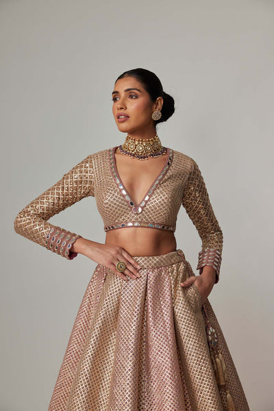 V Vani Vats Deep Beige Multicolor V Neck Crop Top With Skirt indian designer wear online shopping melange singapore 