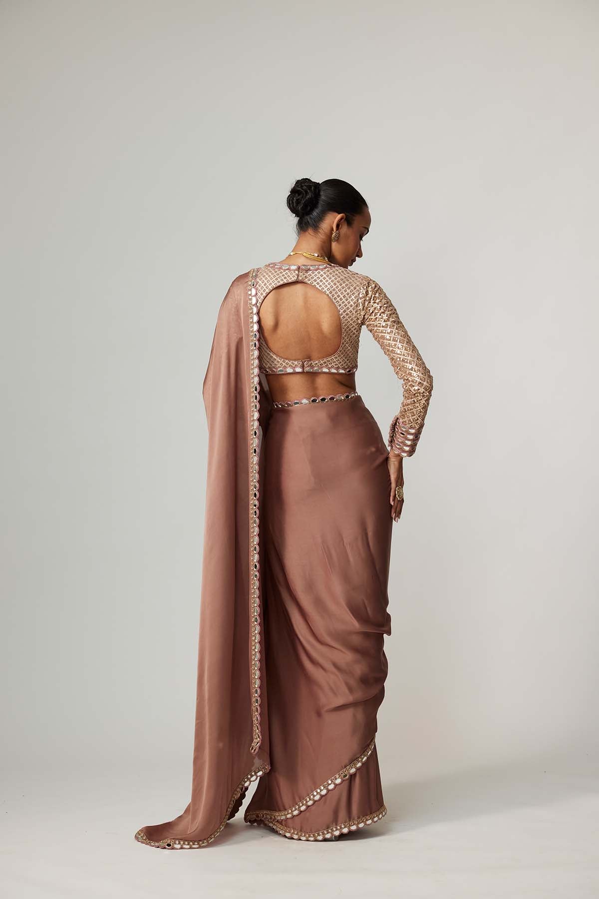 V Vani Vats Deep Beige Satin Saree Set indian designer wear online shopping melange singapore 