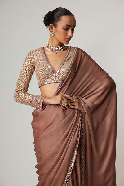 V Vani Vats Deep Beige Satin Saree Set indian designer wear online shopping melange singapore 