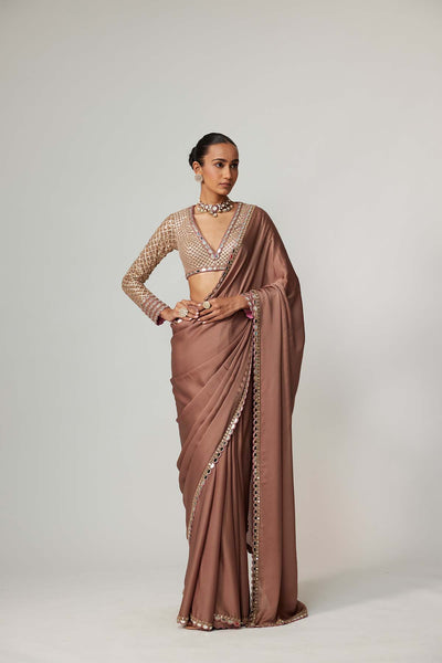 V Vani Vats Deep Beige Satin Saree Set indian designer wear online shopping melange singapore 