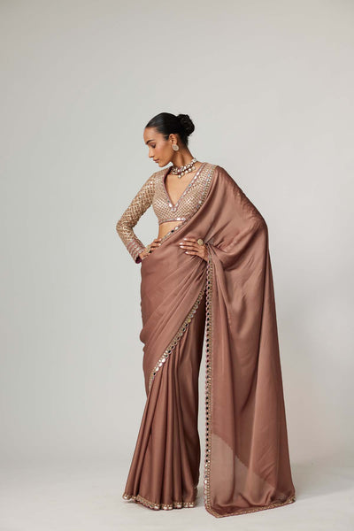 V Vani Vats Deep Beige Satin Saree Set indian designer wear online shopping melange singapore 