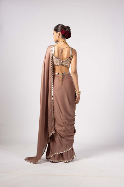 V Vani Vats Deep Beige Satin Saree With Square Neck Blouse indian designer wear online shopping melange singapore 