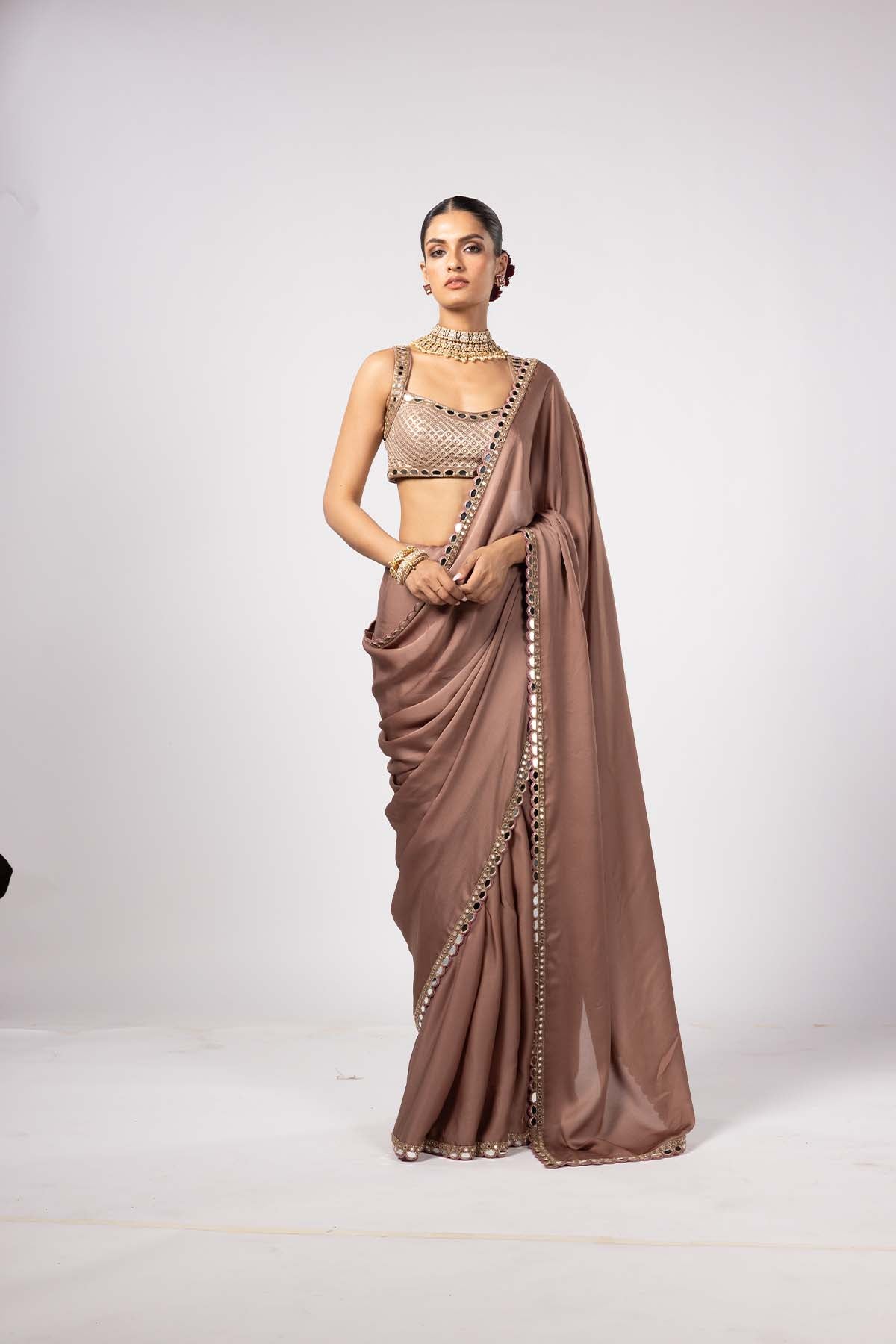 V Vani Vats Deep Beige Satin Saree With Square Neck Blouse indian designer wear online shopping melange singapore 