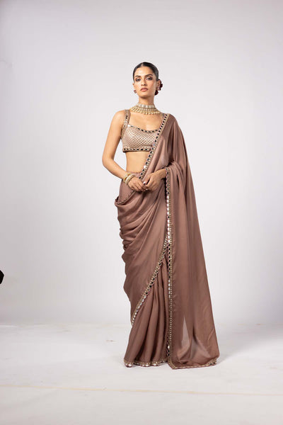 V Vani Vats Deep Beige Satin Saree With Square Neck Blouse indian designer wear online shopping melange singapore 
