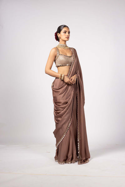 V Vani Vats Deep Beige Satin Saree With Square Neck Blouse indian designer wear online shopping melange singapore 