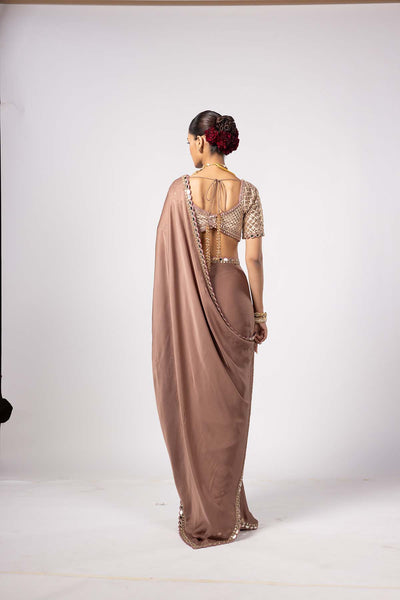 V Vani Vats Deep Beige Satin Saree With Sweetheart Neck Blouse indian designer wear online shopping melange singapore 