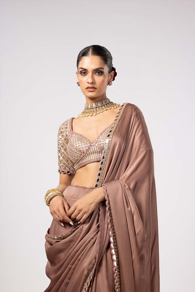V Vani Vats Deep Beige Satin Saree With Sweetheart Neck Blouse indian designer wear online shopping melange singapore 
