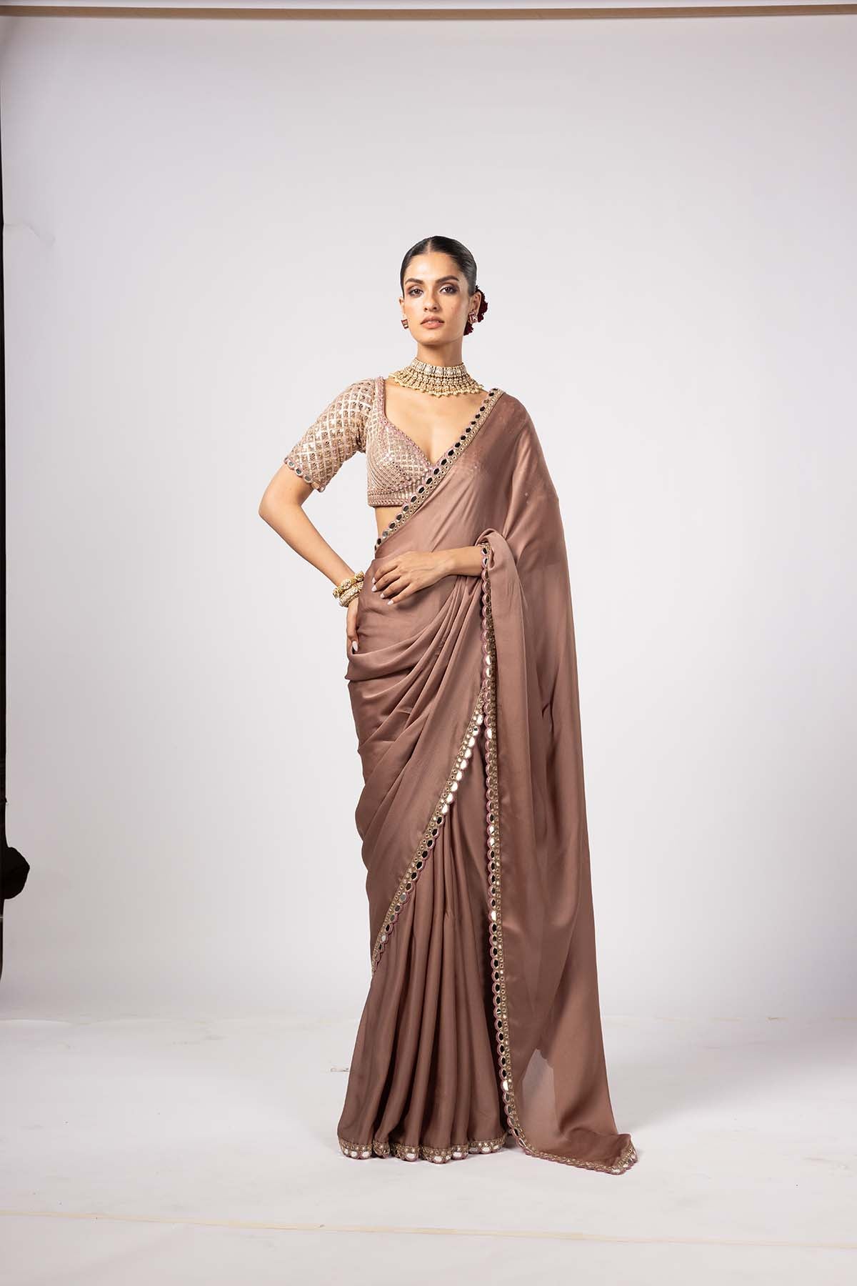 V Vani Vats Deep Beige Satin Saree With Sweetheart Neck Blouse indian designer wear online shopping melange singapore 