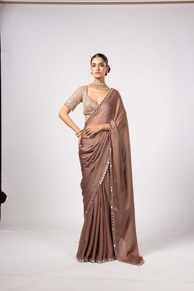 V Vani Vats Deep Beige Satin Saree With Sweetheart Neck Blouse indian designer wear online shopping melange singapore 
