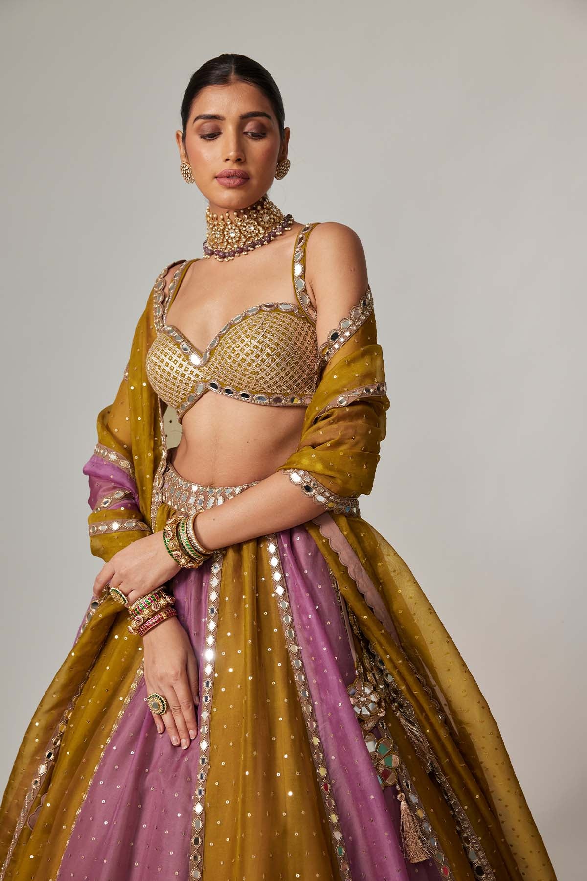 V Vani Vats Green Multicolor Sequin Scatter Lehenga Set indian designer wear online shopping melange singapore 