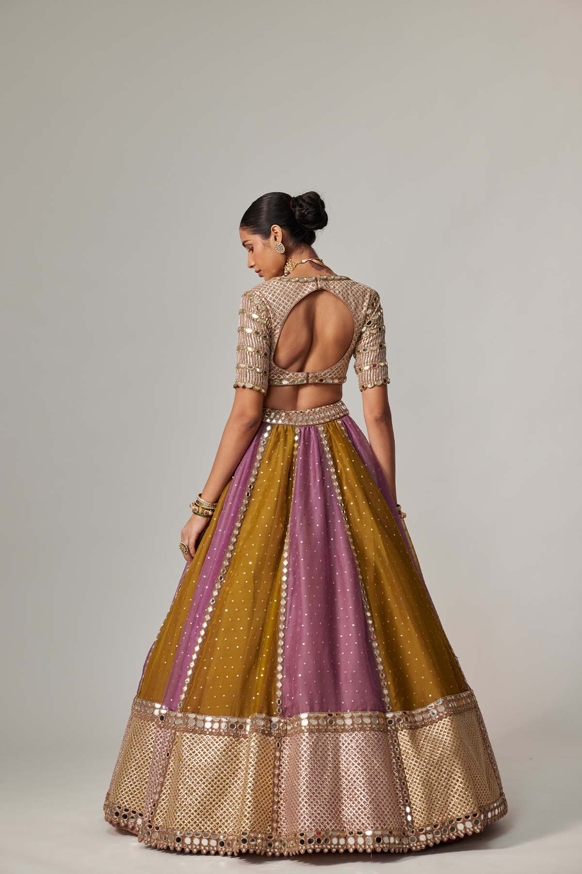 V Vani Vats Green Multicolor Sequin Scatter Lehenga With V Neck Elbow Sleeve Blouse indian designer wear online shopping melange singapore 
