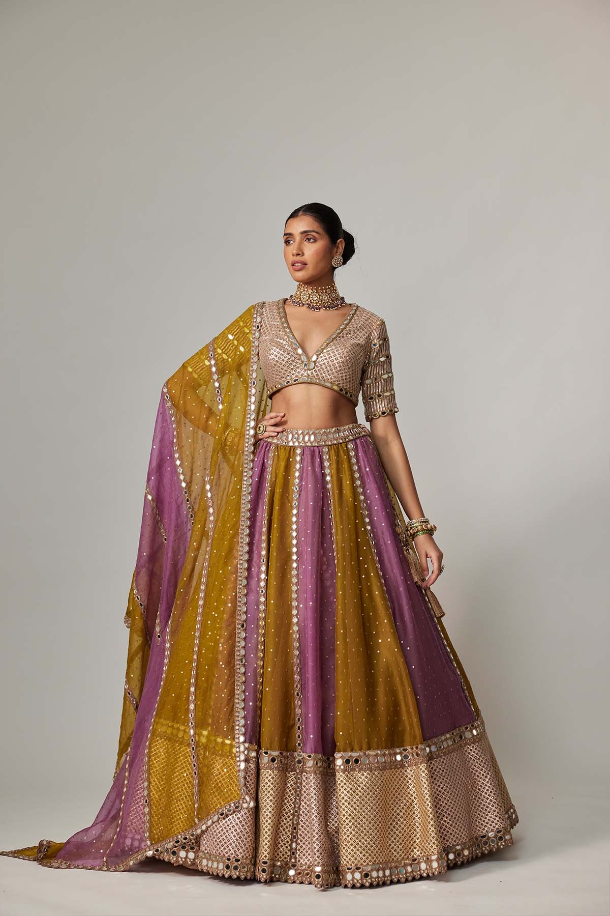 V Vani Vats Green Multicolor Sequin Scatter Lehenga With V Neck Elbow Sleeve Blouse indian designer wear online shopping melange singapore 
