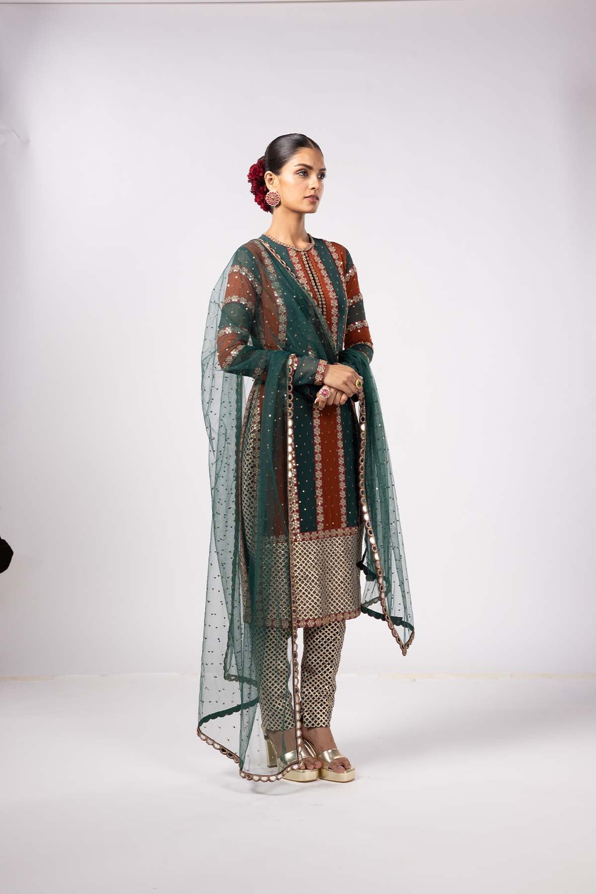 V Vani Vats Jade Green Pant Kurta Set indian designer wear online shopping melange singapore 