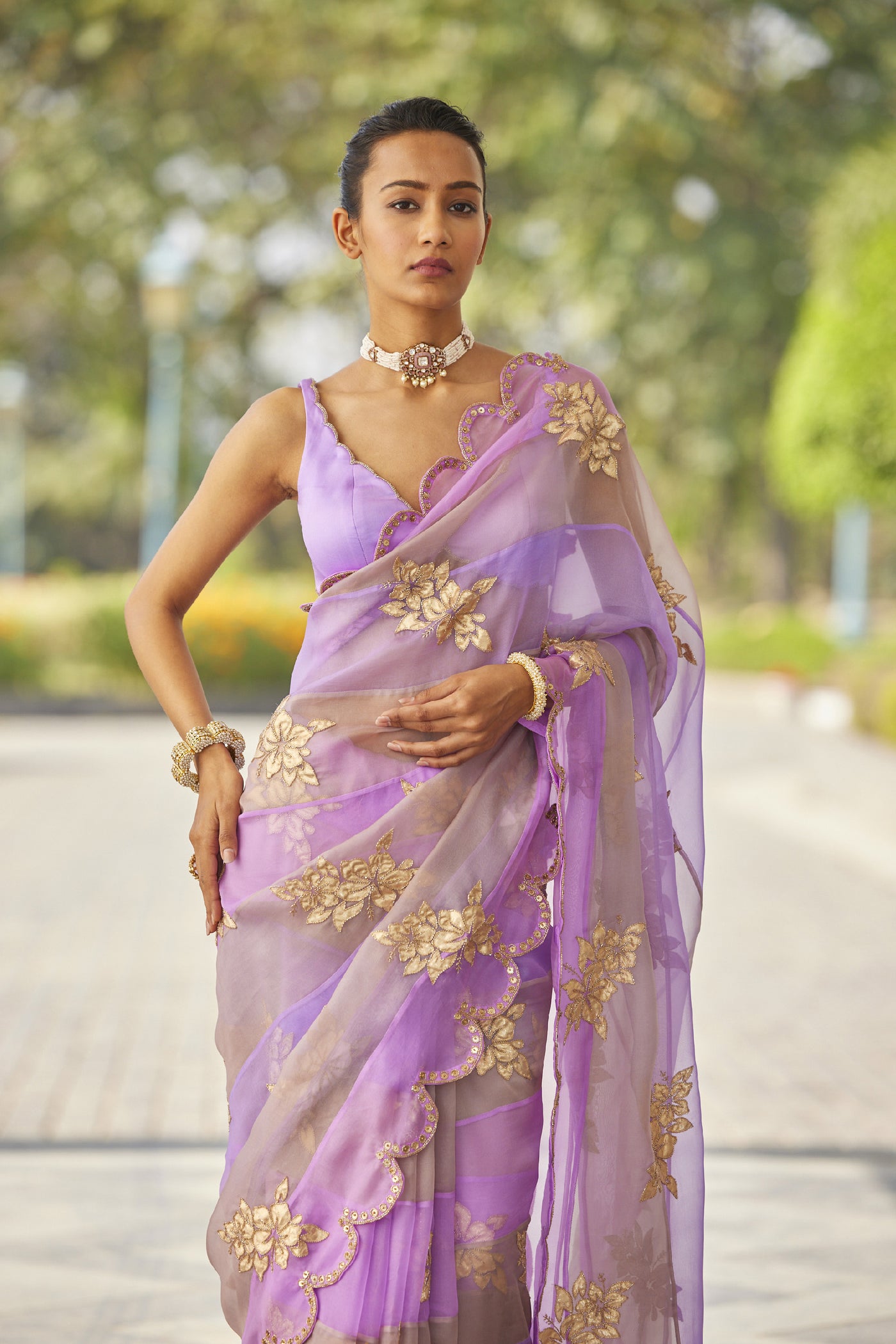 V Vani Vats Mauve Multicolor Flower Saree Set indian designer wear online shopping melange singapore