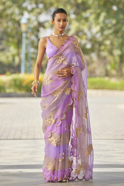 V Vani Vats Mauve Multicolor Flower Saree Set indian designer wear online shopping melange singapore