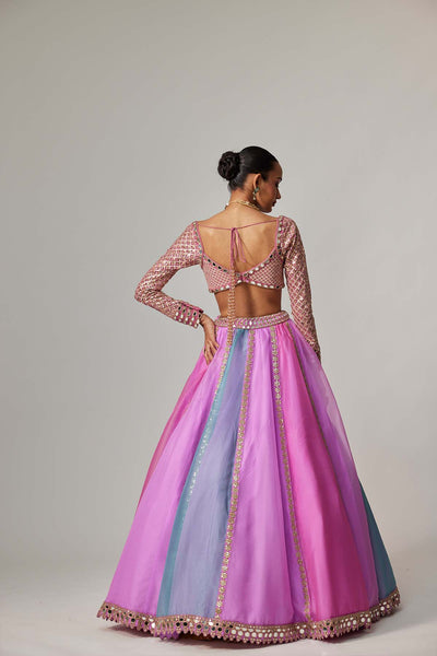 V Vani Vats Mauve Multicolor Linear Lehenga With Sweetheart Full Sleeve Blouse indian designer wear online shopping melange singapore 