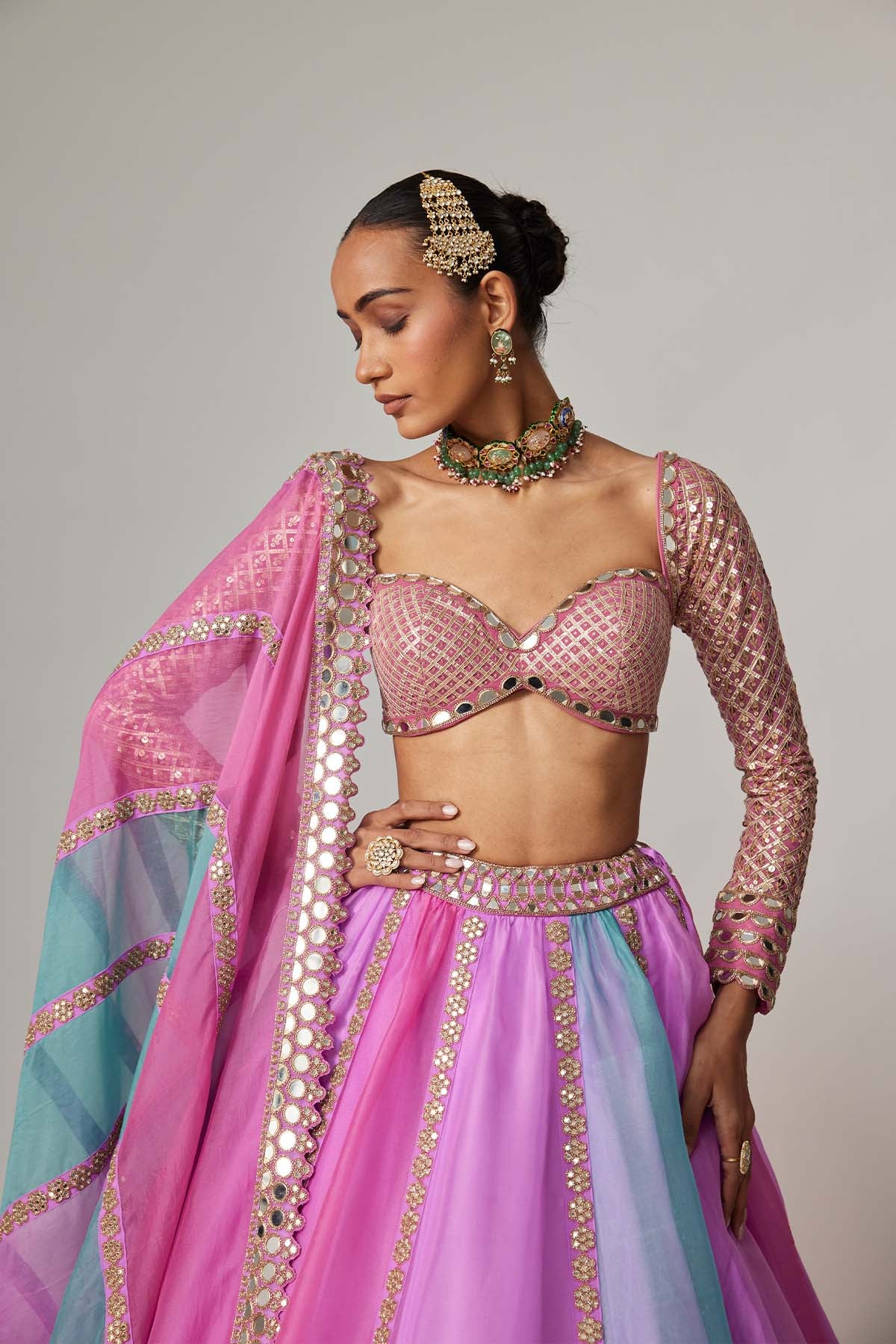 V Vani Vats Mauve Multicolor Linear Lehenga With Sweetheart Full Sleeve Blouse indian designer wear online shopping melange singapore 